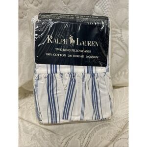 Vtg NOS Ralph Lauren Village Stripe White Blue Ruffled 2 King Pillowcases